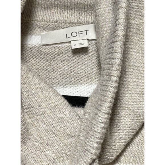 Loft Beige Striped Sweater Hoodie Size M Pockets Cowl Neck - Picture 4 of 9